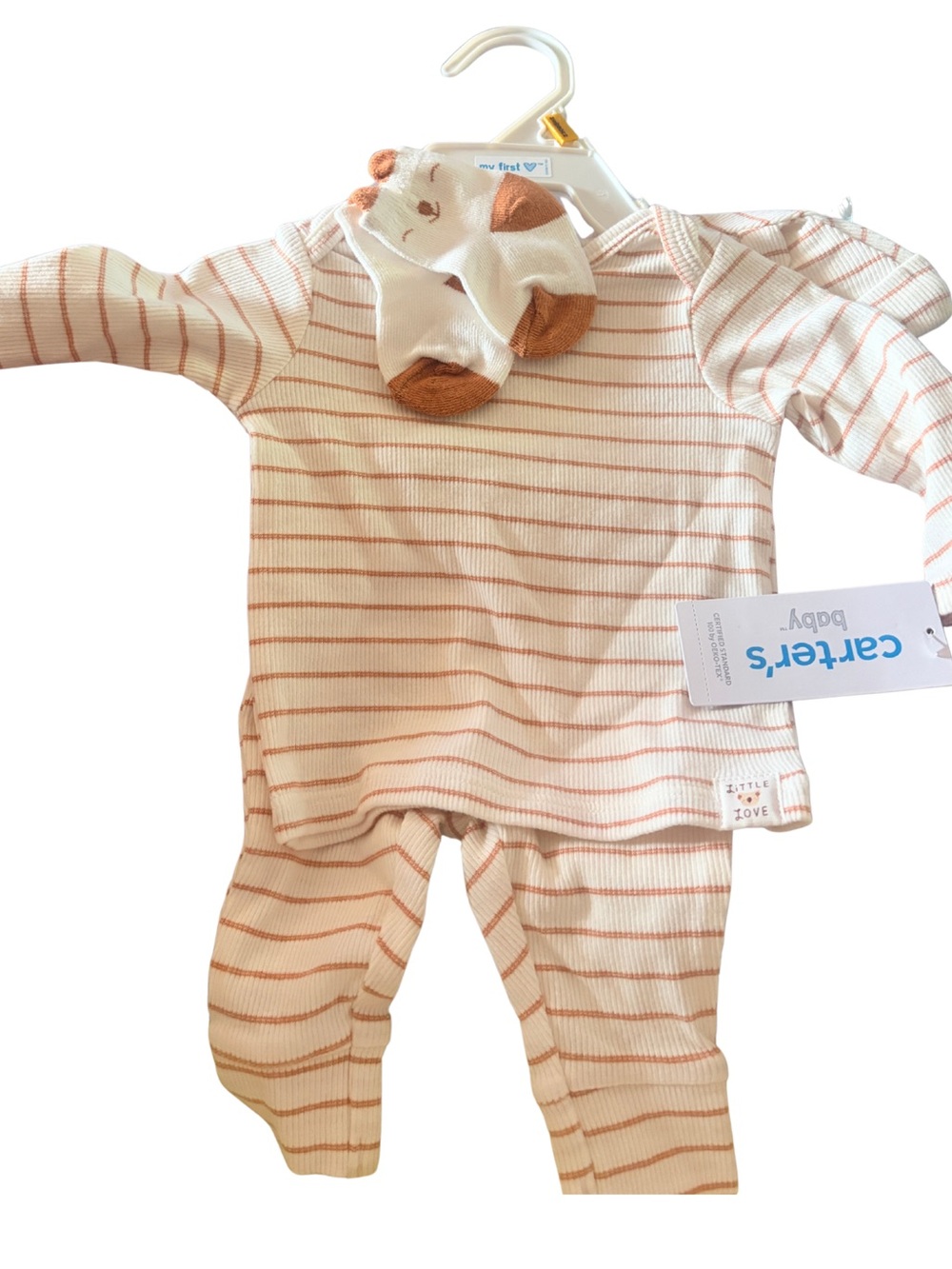 Carter's Cream & Rust Striped 4-Piece Pajama Set with Animal Socks & Bear Hat